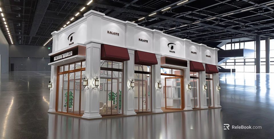 Modern KALATE Storefront With White Building Red Awnings Glass Doors And Windows 3d model 