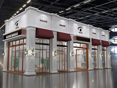 Modern KALATE Storefront With White Building Red Awnings Glass Doors And Windows 3d model