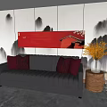 Gray Two Seater Sofa With Red Cushions And Red Painting Above Ink Mountain Landscape Wall