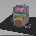 Two Story Mechanic Storefront Building With Yellow Awning Pink Windows And Purple White Buckets