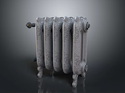 Vintage Cast Iron Radiator With Ornate Design Adjustable Knob Silver Gray Finish And Support Legs 3d model