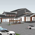 Traditional Style Building Exterior With White Walls Wooden Platform And Parking Area