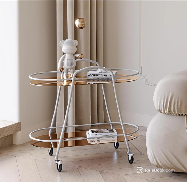 Modern Minimalist Rolling Side Table With Metal Frame And Wooden Shelves On Wheels 3d model 