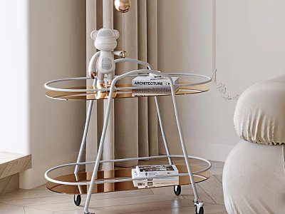 Modern Minimalist Rolling Side Table With Metal Frame And Wooden Shelves On Wheels 3d model