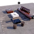 Modern Brown Leather Sofa Coffee Table Set With Marble Top Gray Rug And Ottoman 3d model