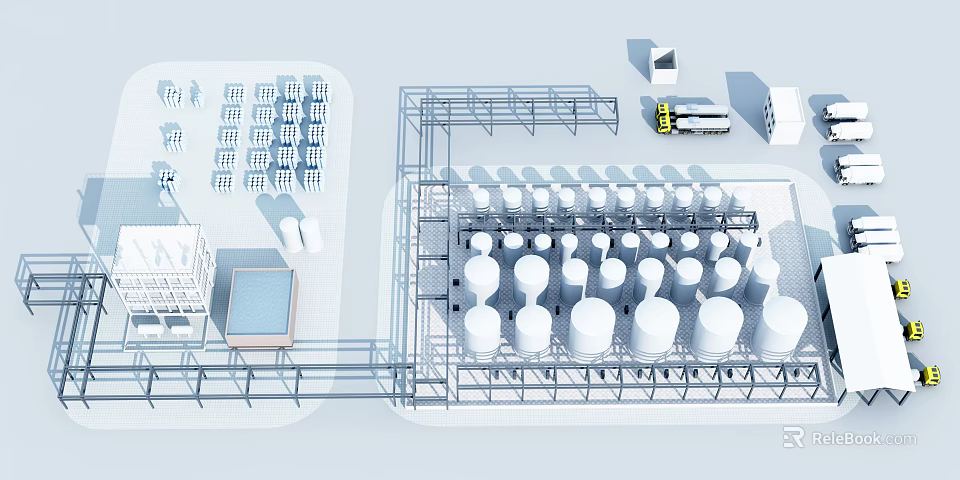 Industrial Equipment Layout Featuring Storage Tanks Piping Systems And Structural Framework 3d model 
