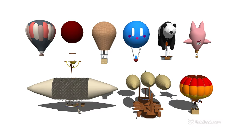 Fun Playground Equipment With Hot Air Balloons Panda Shaped Inflatables And Pencil Shaped Airship 3d model 