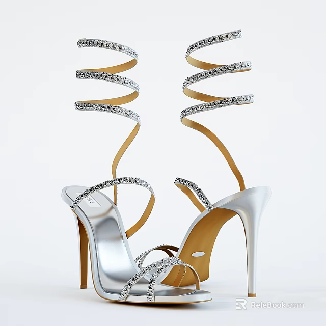 Elegant Stylish Silver High Heels With Wrapping Straps And Diamond Details 3d model 