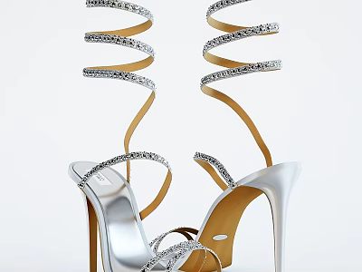 Elegant Stylish Silver High Heels With Wrapping Straps And Diamond Details 3d model