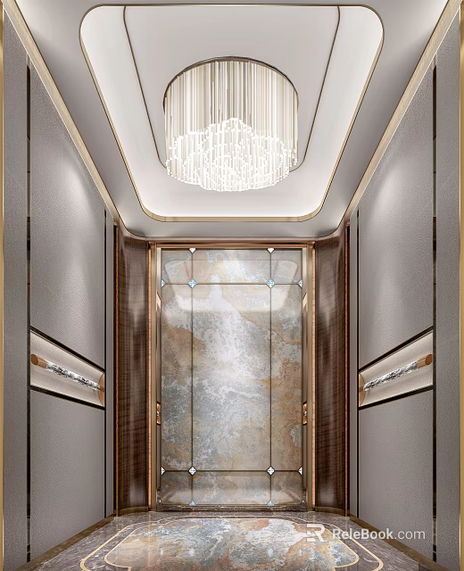 Elegant Modern Elevator Interior Design With Marble Walls And Chandelier Lighting 3d model