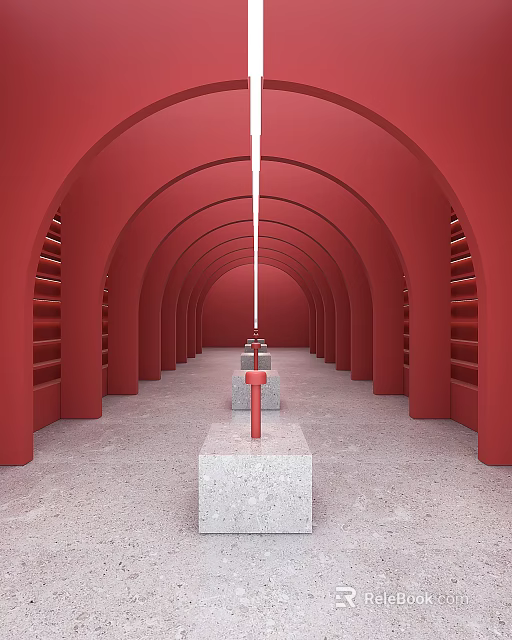 Red Arched Corridor Interior With Stone Cubes And Central Red Pillar 3d model