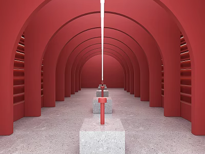 Red Arched Corridor Interior With Stone Cubes And Central Red Pillar 3d model