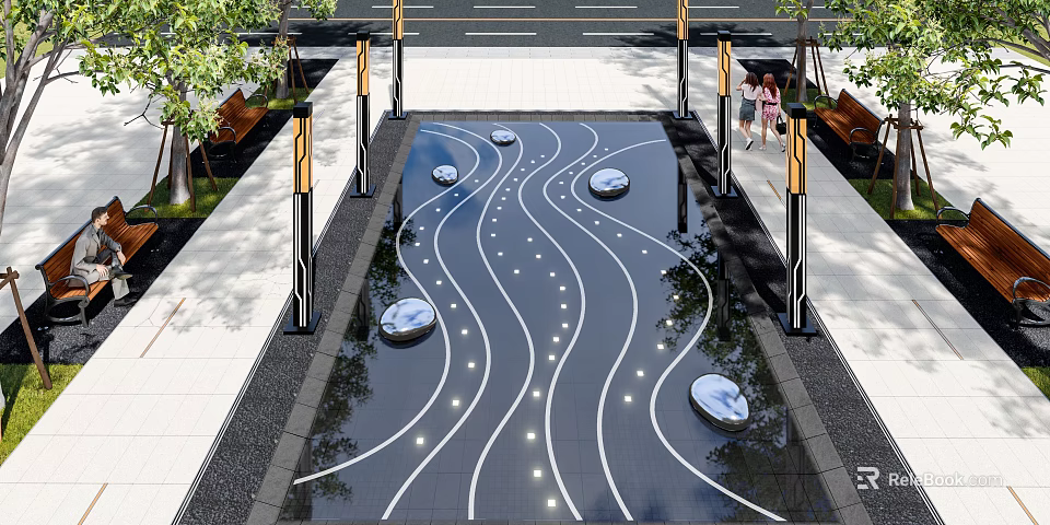 Modern Plaza Landscape Featuring Water Feature Wavy Lines Circular Stone Piers And Lighting 3d model 