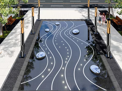 Modern Plaza Landscape Featuring Water Feature Wavy Lines Circular Stone Piers And Lighting 3d model
