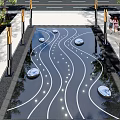 Modern Plaza Landscape Featuring Water Feature Wavy Lines Circular Stone Piers And Lighting