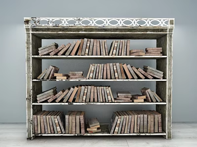 Vintage Wooden Bookcase With Ornate Top Design Multiple Shelves And Stacked Books 3d model