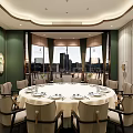 Luxurious Private Dining Room With Round Table Settings And City View Through Large Windows 3d model