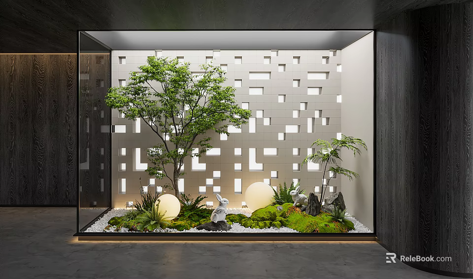 Indoor Landscape Design With Green Trees Grass Stones Round Lights Perforated Wall And Glass Partition 3d model 