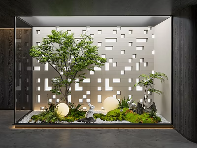 Indoor Landscape Design With Green Trees Grass Stones Round Lights Perforated Wall And Glass Partition 3d model