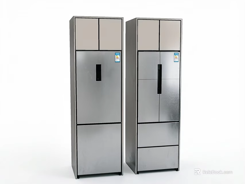 Two Modern Stainless Steel Refrigerator Freezers With Double Doors And Drawers 3d model 