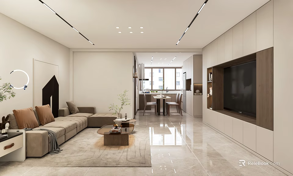 Modern Living Dining Room Interior Design With Sofa Coffee Table TV Wall And Lighting 3d model 