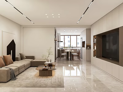 Modern Living Dining Room Interior Design With Sofa Coffee Table TV Wall And Lighting 3d model