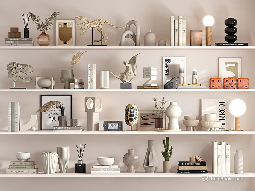 Modern Decorative Ornament Combinations with Dinosaur Models Vases Books Sculptures and Frames on Shelf 3d model 