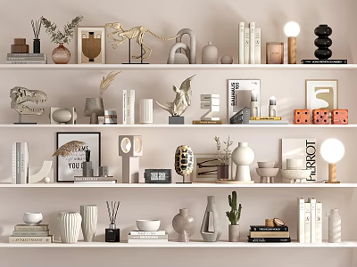 Modern Decorative Ornament Combinations with Dinosaur Models Vases Books Sculptures and Frames on Shelf 3d model