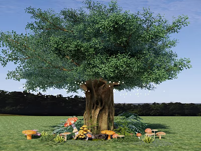 Tall Arbor With Thick Trunk Green Leaves And Mushrooms On Grassland 3d model