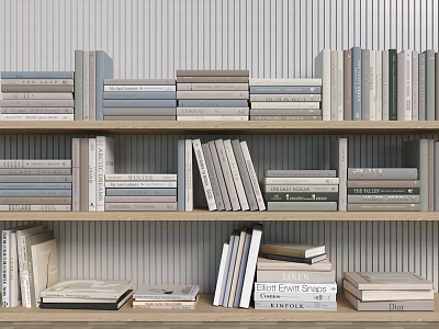 Decorative Ornament Set With Stacked Books On Wooden Bookshelf And Striped Wall Background 3d model