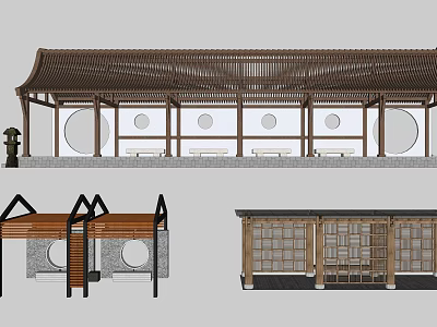 Traditional Wooden Pergola Design With Circular Windows And Bench Seats 3d model