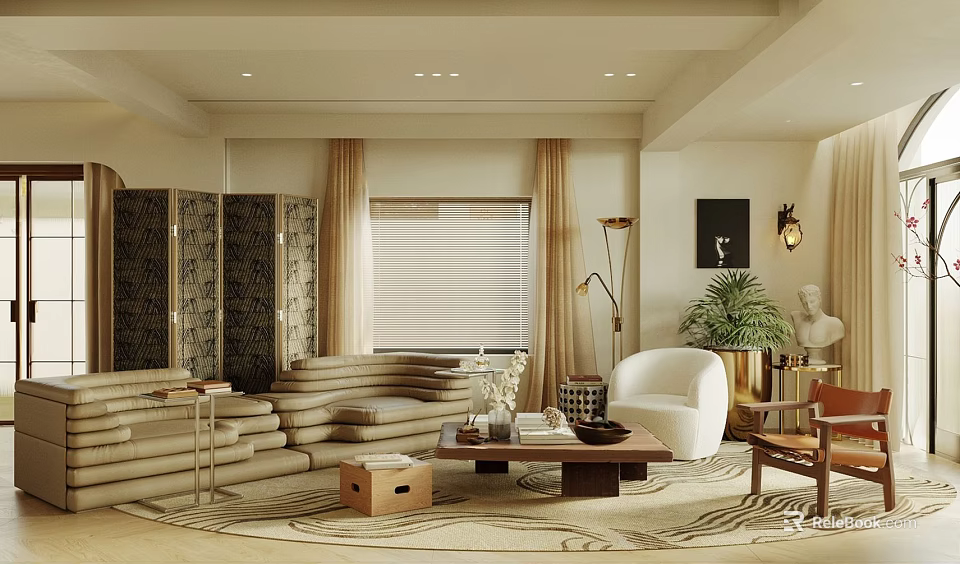 Living Room Interior With Beige Sofa White Armchair Folding Screen Floor Lamp And Area Rug 3d model 
