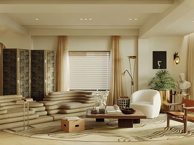 Living Room Interior With Beige Sofa White Armchair Folding Screen Floor Lamp And Area Rug 3d model