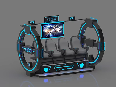 Modern VR Gaming Station With Three Seats Blue Lighting And Game Screen 3d model