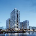 Modern Multiple Office Buildings With Glass Curtain Walls At Waterfront in Evening With Water Reflections