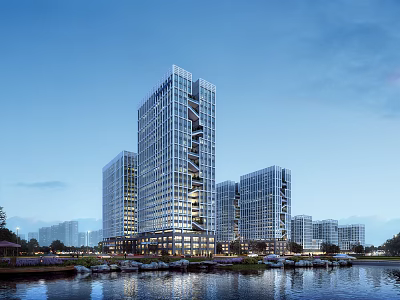 Modern Multiple Office Buildings With Glass Curtain Walls At Waterfront in Evening With Water Reflections 3d model