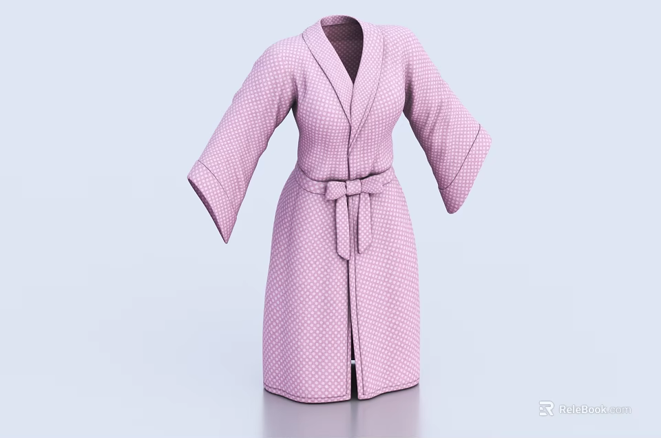 Cozy Pink Checkered Robe With Long Sleeves Self Tie Belt And Soft Fabric 3d model 