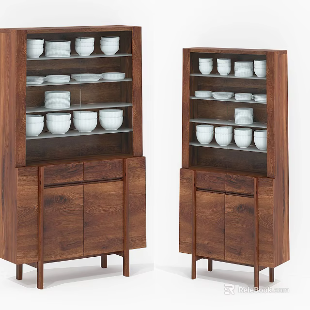 Wooden Kitchen Cabinets With White Bowls Plates And Storage 3d model 