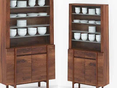 Wooden Kitchen Cabinets With White Bowls Plates And Storage 3d model