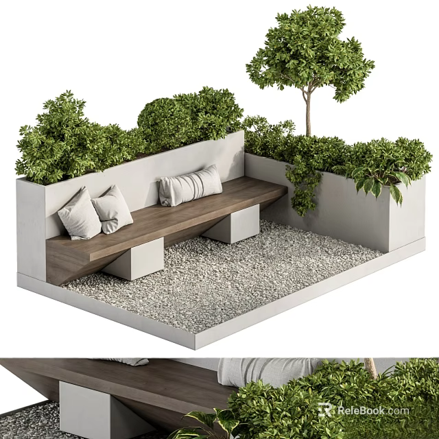 Outdoor Concrete Bench With Wooden Seat And Green Plant Planter Boxes On Gravel Floor 3d model 