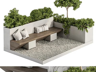 Outdoor Concrete Bench With Wooden Seat And Green Plant Planter Boxes On Gravel Floor 3d model