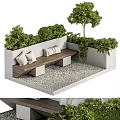 Outdoor Concrete Bench With Wooden Seat And Green Plant Planter Boxes On Gravel Floor