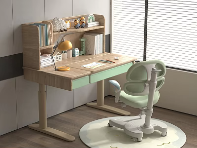 Wooden Children's Study Desk with Bookshelf Light Green Adjustable Chair Decorative Toys and Round Rug 3d model