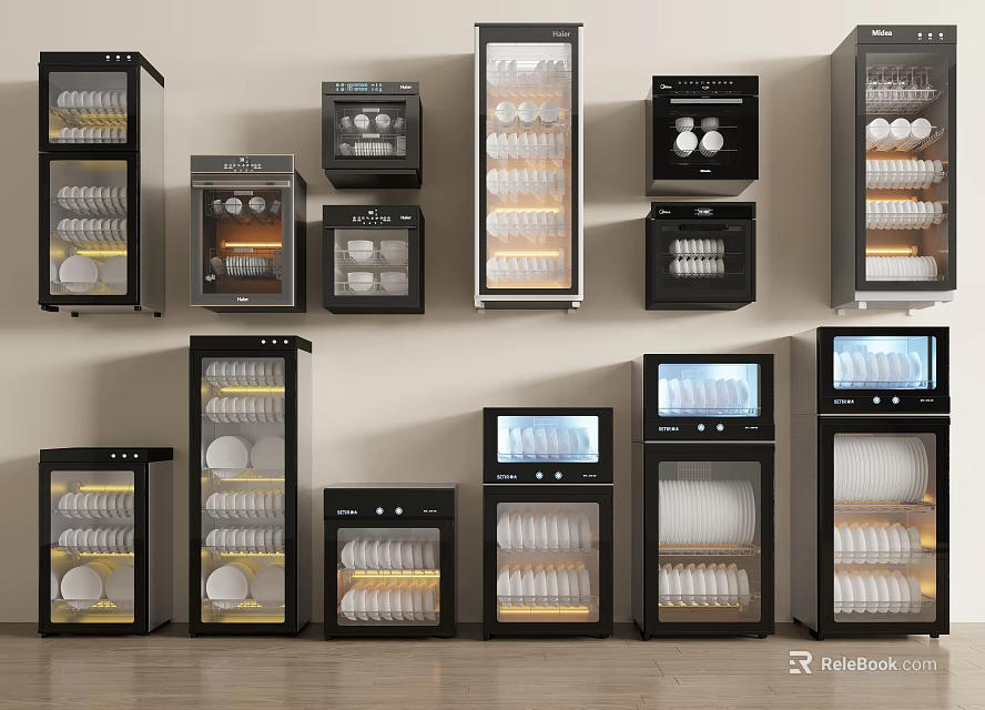 Modern Black Display Cabinets With Glass Doors And Internal Shelves In Various Sizes 3d model 