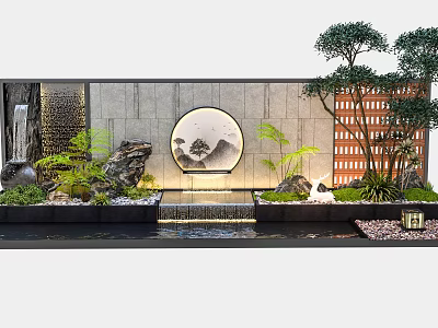Elegant Landscape Wall Design With Circular Artwork Flowing Water Wooden Lattice And Greenery 3d model