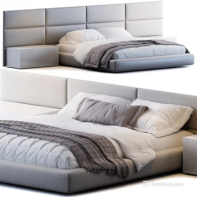 Modern Upholstered Double Bed With Plush Pillows Cozy Blanket And Nightstand 3d model 