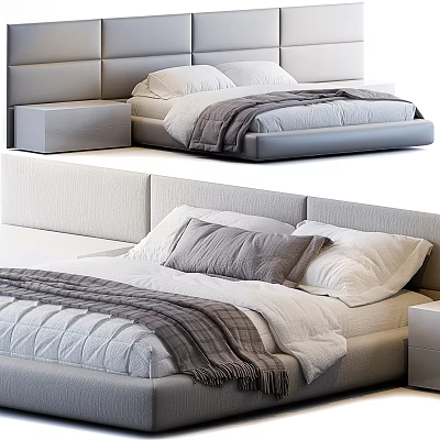 Modern Upholstered Double Bed With Plush Pillows Cozy Blanket And Nightstand 3d model
