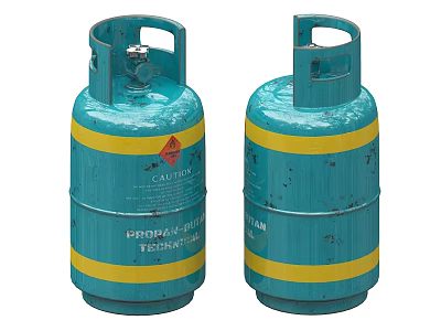 Industrial Propane Gas Cylinders With Teal Yellow Stripes And Caution Labels 3d model