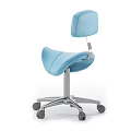 Comfortable Blue Office Chair with Saddle Shaped Seat and Silver Metal Base on Wheels
