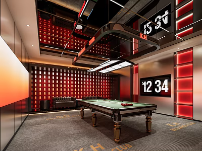 Modern Billiard Room Interior Design With Green Table Red Decor Carpeted Floor And Digital Clock 3d model